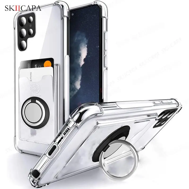 Transparent Soft Silicone  Case For Samsung Galaxy S23 Ultra S22 S21 FE S20 Plus Note 20 Magnetic Card Slot Ring Holder Cover