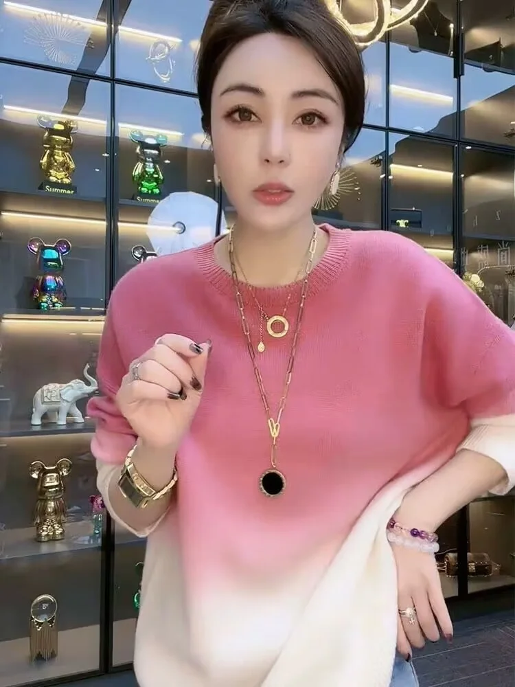 

Свободный повседневный женский вязаный свитер Long Sve adient Color Blo Lazy Sle круглый пуловер Ne осень-зима базовый слой