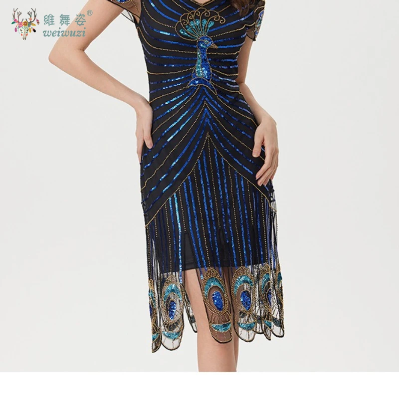 새로운 1920년대 빈티지 여성용 블루 피콕 스팽글 비즈 자수 패턴 반팔 태슬 칵테일 파티 이브닝 드레스