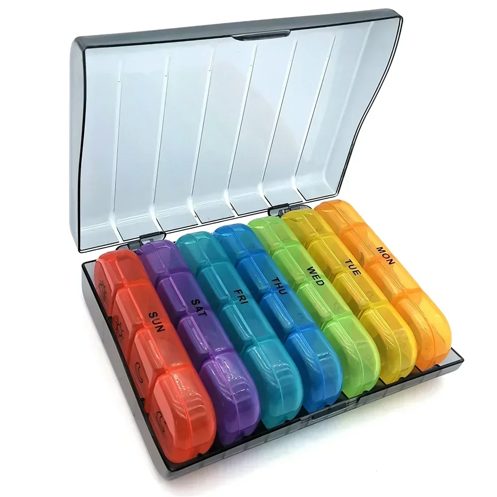 

Pill Cases Box Organizer 7 Days 28 Grids 4 Times Portable Travel with Large Compartments for Vitamins Medicine Tablet Fish Oils