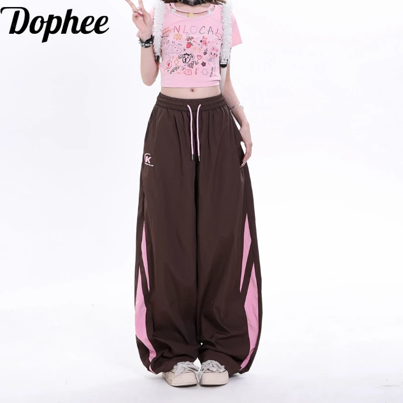 Dophee Women Casual Long Trousers All-match American Street Color Block Splicing Drawstring Elastic Waist Loose Sport Pants