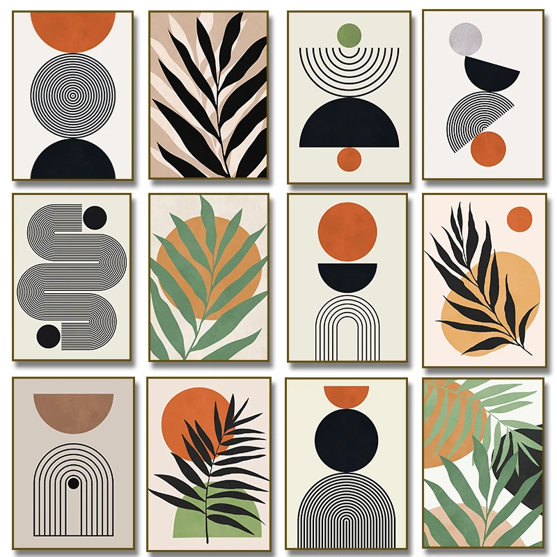 1pc frameless Canvas Painting Boho Geometric Line Palm Plant Leaf Minimalist Poster Canvas Painting Abstract Wall Art Print Pict