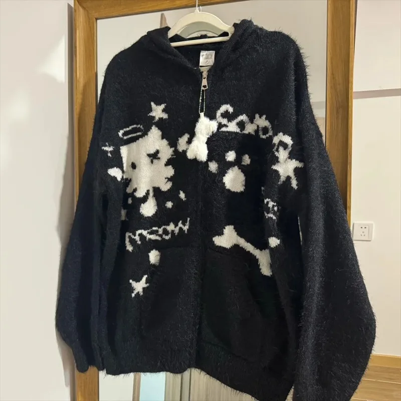 Winter Sweet Cat Jacquard Knitwear Japanese Subculture Girl Style Sweater Youthful Women's Fashion Loose Casual Kawaii Coat