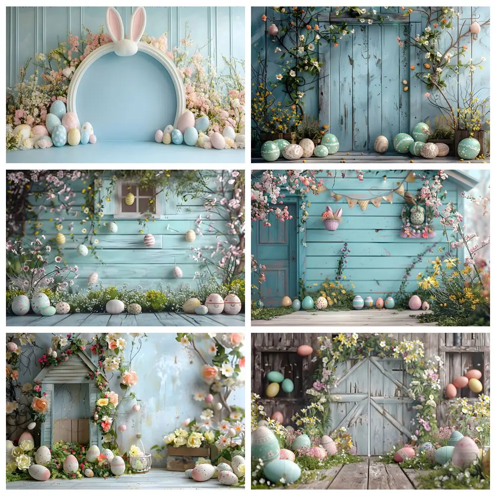 Spring Easter Backdrop for Photography Rustic Wood Wall Floor Bunny Eggs Plants Baby Shower Kids Birthday Party Photo Background