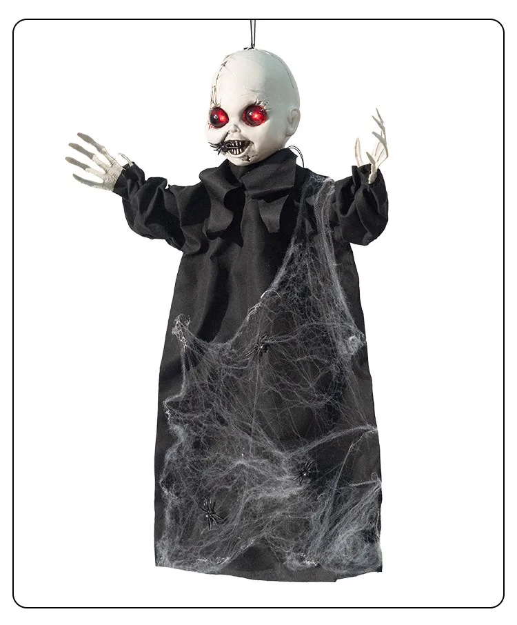 For Halloween Doll Hanging Decorative Doll Spider Web Black Robe Voice Sensing Eyes Glow with Sound Effects