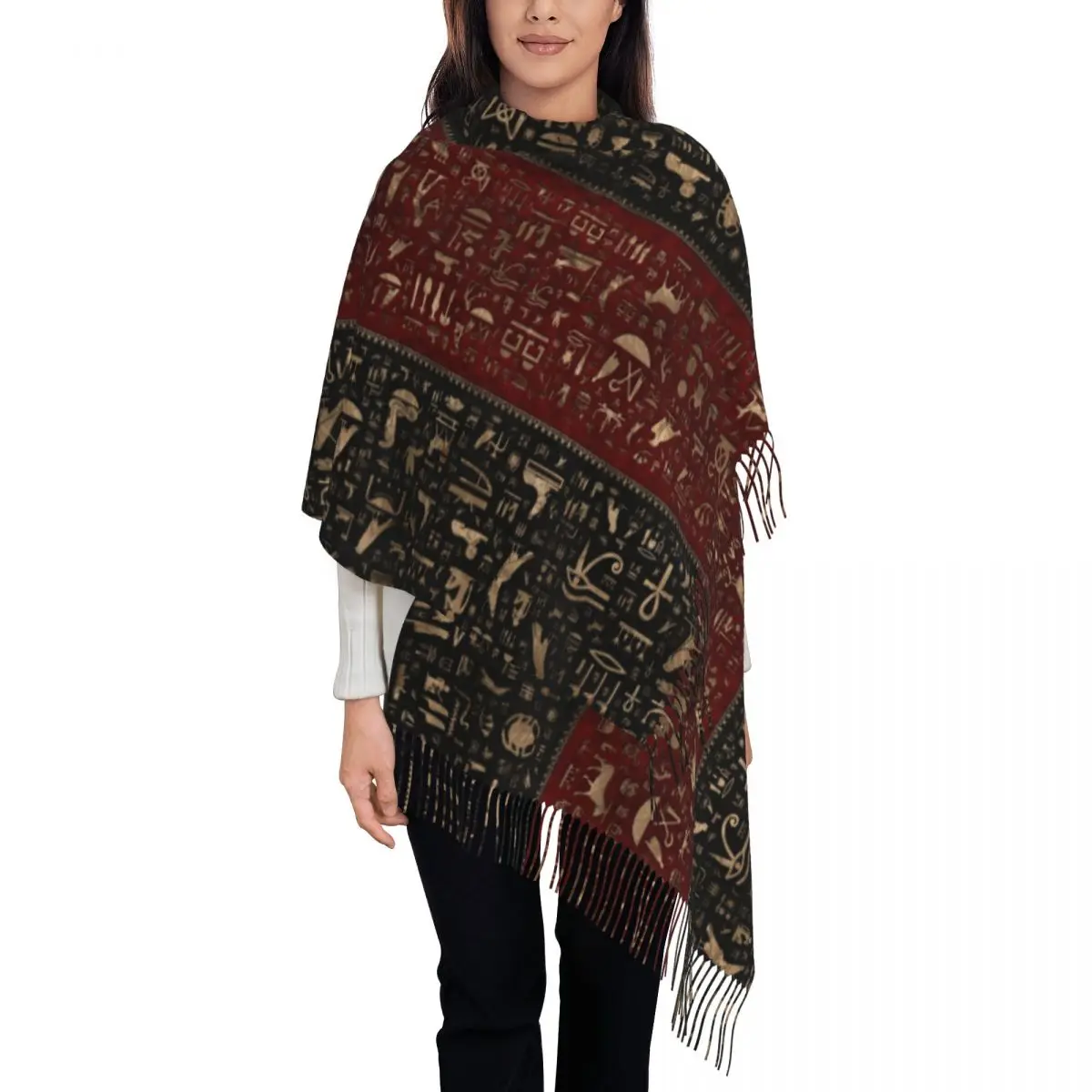 Ancient Egyptian Hieroglyphs Shawl Wrap for Womens Winter Warm Long Soft Scarf Egypt Deities Gold Neckerchief Tassel Scarves