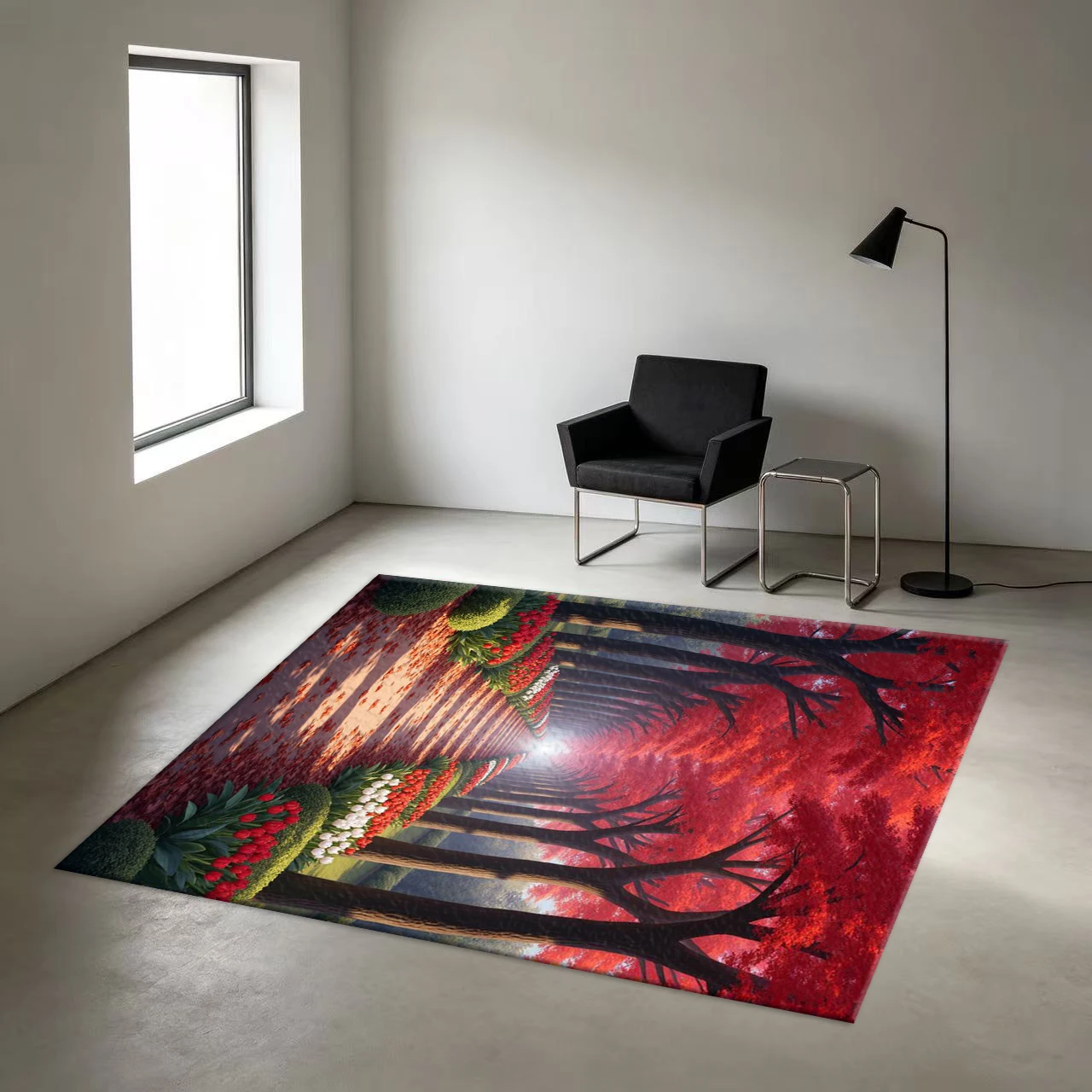 Romantic Red Forest Floral Landscape Carpet Art Large Area Carpet, Suitable for Villa Living Room Interior Flooring