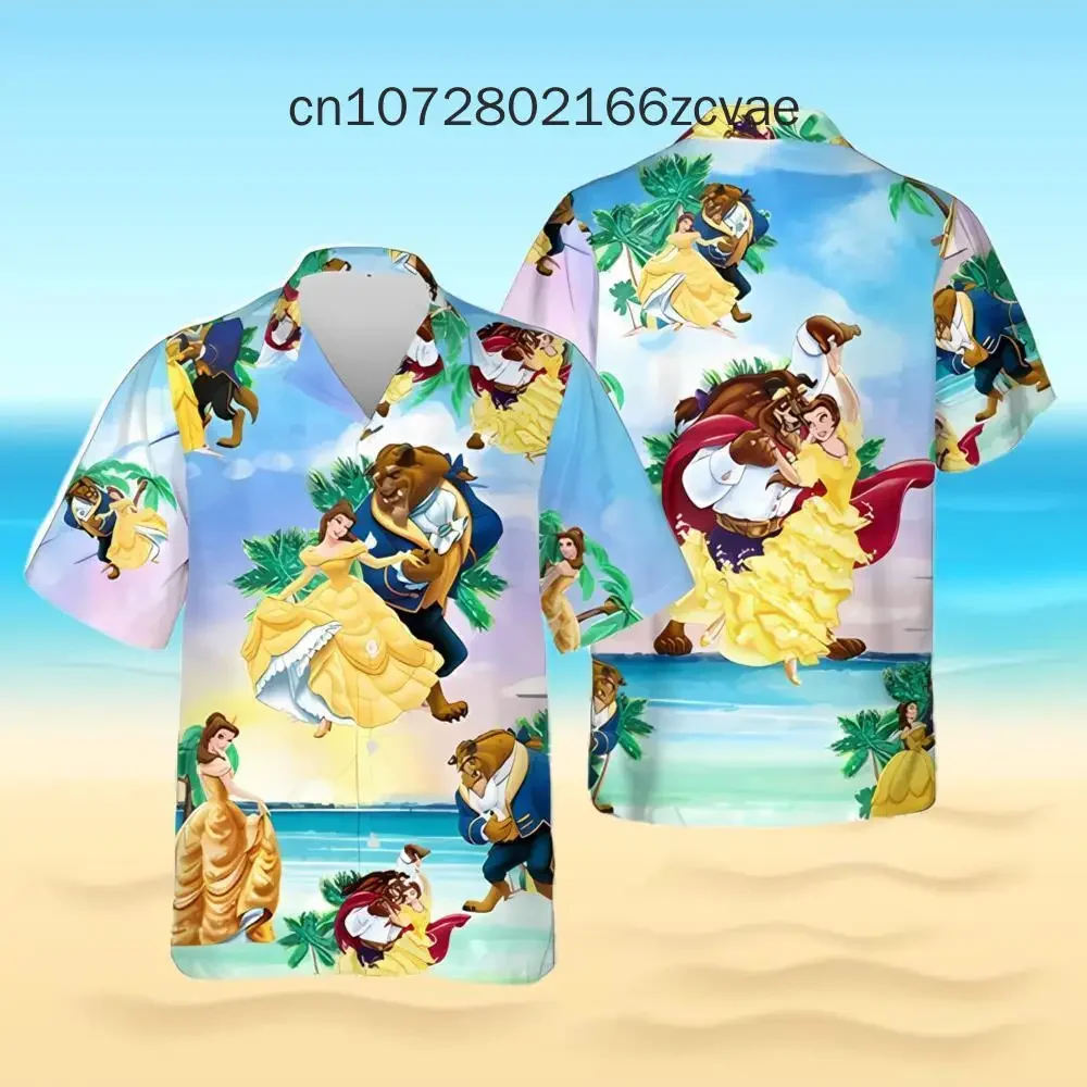 

2024 New Beauty and Beast Hawaii Shirt Men's Women's Children's Short sleeved Shirt Disney Fashion Retro Casual Shirt