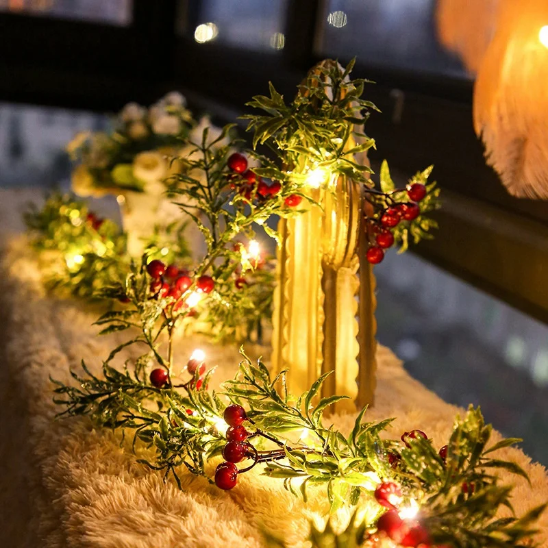 Outdoor LED String Light, Pine Leaves, Berry, fio de cobre, Fairy Guirlanda, Decoração do pátio Lâmpada, Natal, 2 m, 20 LEDs