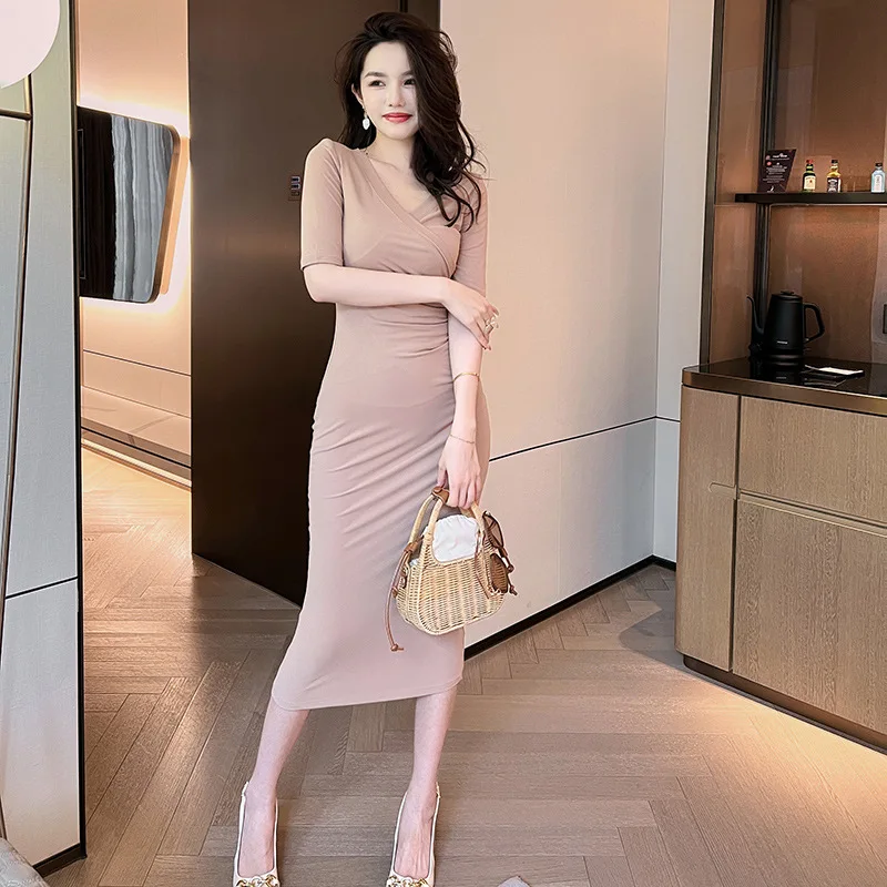 Summer New Women's Clothing Fashion V-neck Slim-fitting Dress Casual Temperament Hip-wrapped Dress