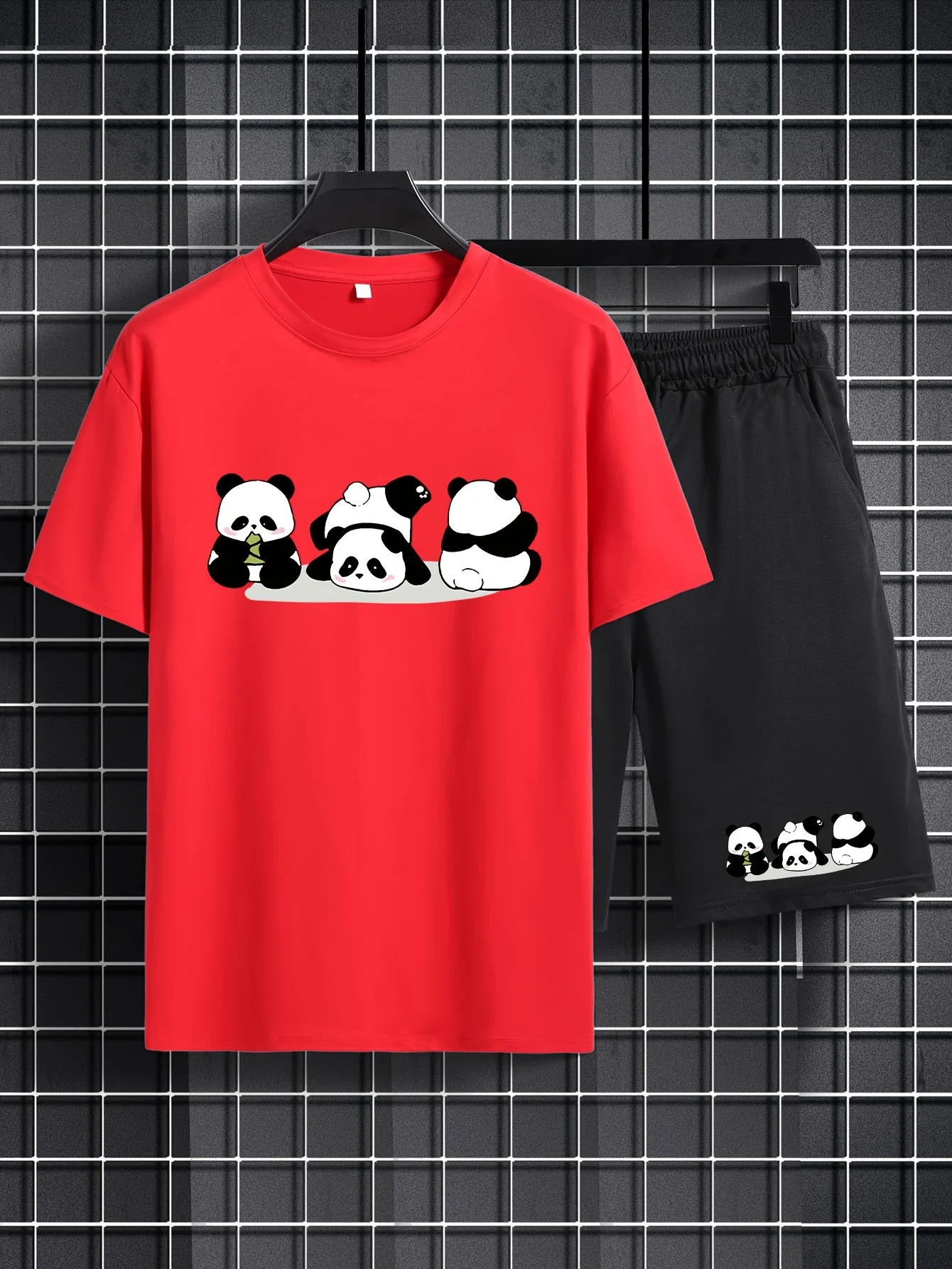 3D Cute Panda Print 2-piece Men\'s Fashion Casual Round Neck Short Sleeved T-shirt Drawstring Shorts Set Suitable Children\'s set