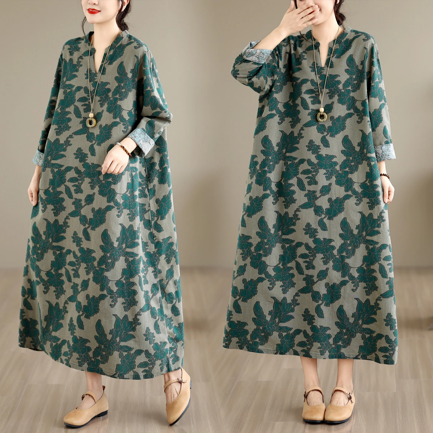 plus Size Vintage Printed Long Sleeve Loose Fitting Concealing Meat Large Size Dress Long Dress Artistic Style City Walk Cotton