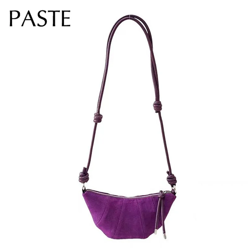 Ins Chic Niche Sheep Horn Shape Women Crossbody Bag Cord Straps Lambskin / Suede Leather Female Shoulder Bag Daily-use Purse