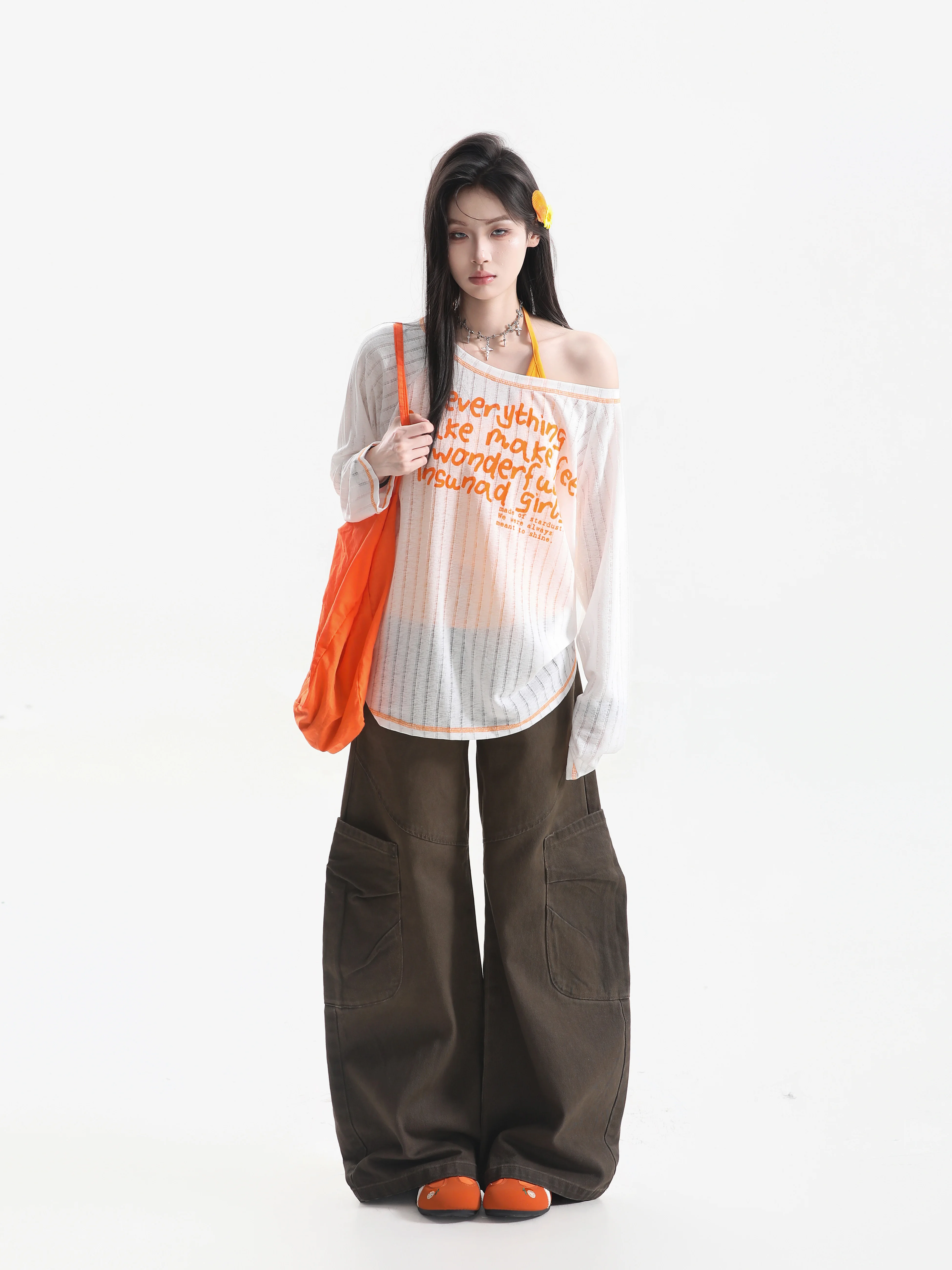 

Summer Atmosphere Beach Long Sleeve Printed T-Shirt Shoulder Bared Two-Piece Set Casual Loose Fit American Style Women's Top