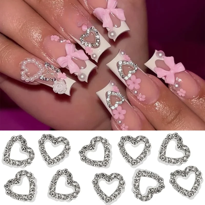 10 قطع من زينة الأظافر على شكل قلب مرصع بالألماس الفضي، إكسسوارات ثلاثية الأبعاد مجوفة من السبائك والكريستال لتزيين الأظافر