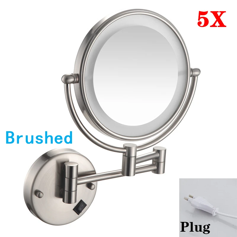 Rose Gold Led Opvouwbare Badkamerspiegel Wandmontage Verlichte Home Hotell Badkamer Make-upspiegel 5X Vergrotende Plug Badspiegels