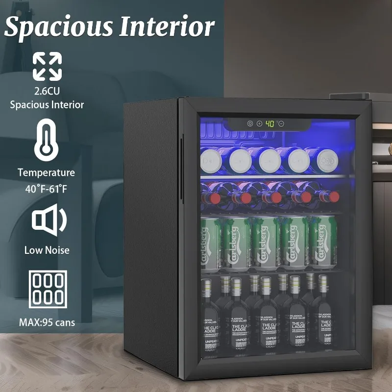 2.6 Cu.ft Beverage Refrigerator Cooler, 95 Can Mini Fridge, Digital Temperature Display, with Adjustable Removable Shelves