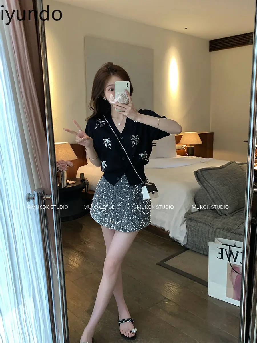 女性の夏 2024 プレミアム刺繍スパンコール半袖ニットカーディガン V ネック多用途カジュアル長袖トップ