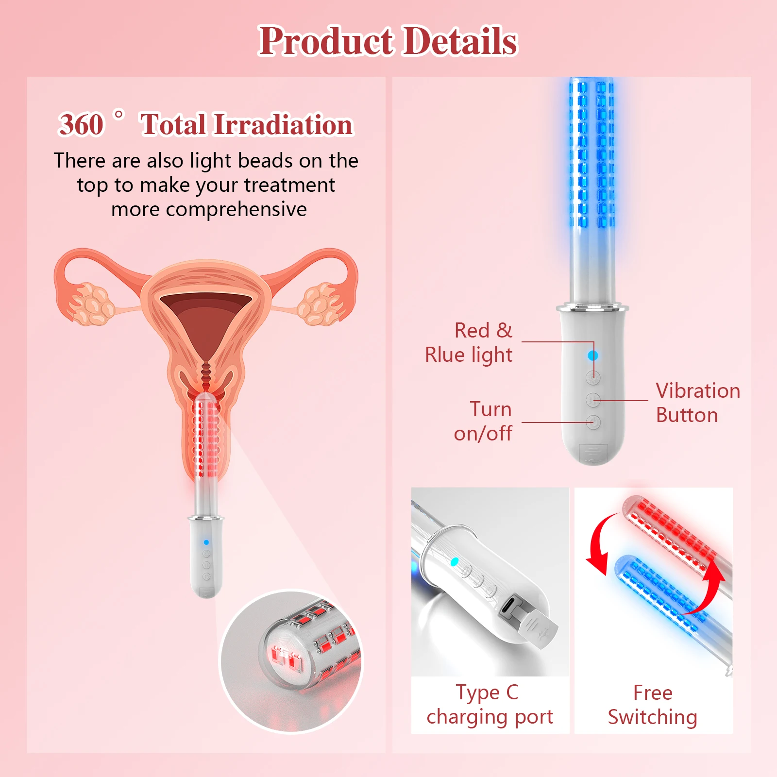 New Female Vaginal Light Therapy Tighten Device 136pcs 465 630nm Red Blue 3 Level Massager Treatment Relax for Women Vaginitis view 5