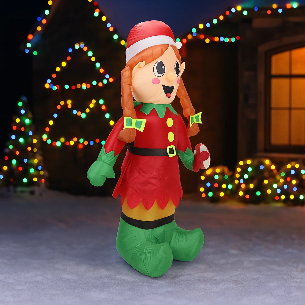 Decoraciones de patio inflables de Navidad de 5,9 pies, linda chica elfo con piruleta, adorno LED iluminado de Navidad, regalo festivo para el hogar, suministros de vacaciones