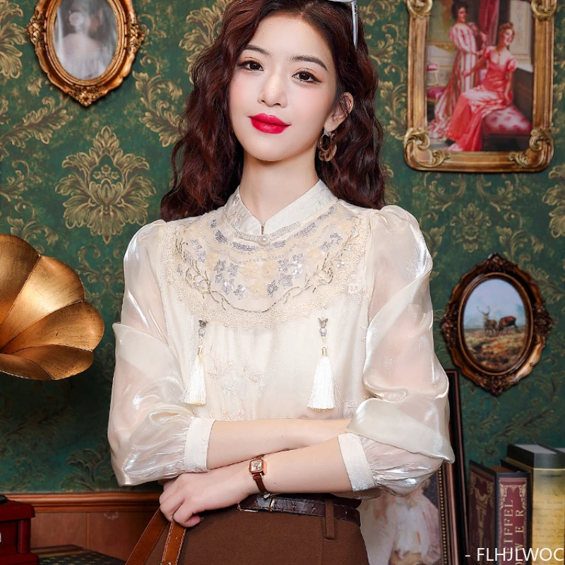 Hot Chinese Style Chi-pao Collar Design Beaded Embroidery Tops 2024 Women Office Lady Girls Elegant Retro Shirt Blouse Vintage