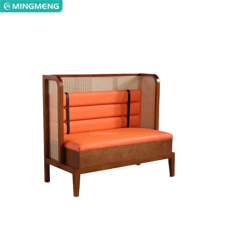 Commercial Hotel Restaurant Cafe Solid Wood Rattan Dining Restaurant Sofa Tables and Chairs Set Booth Sofa Seating Bench Couch