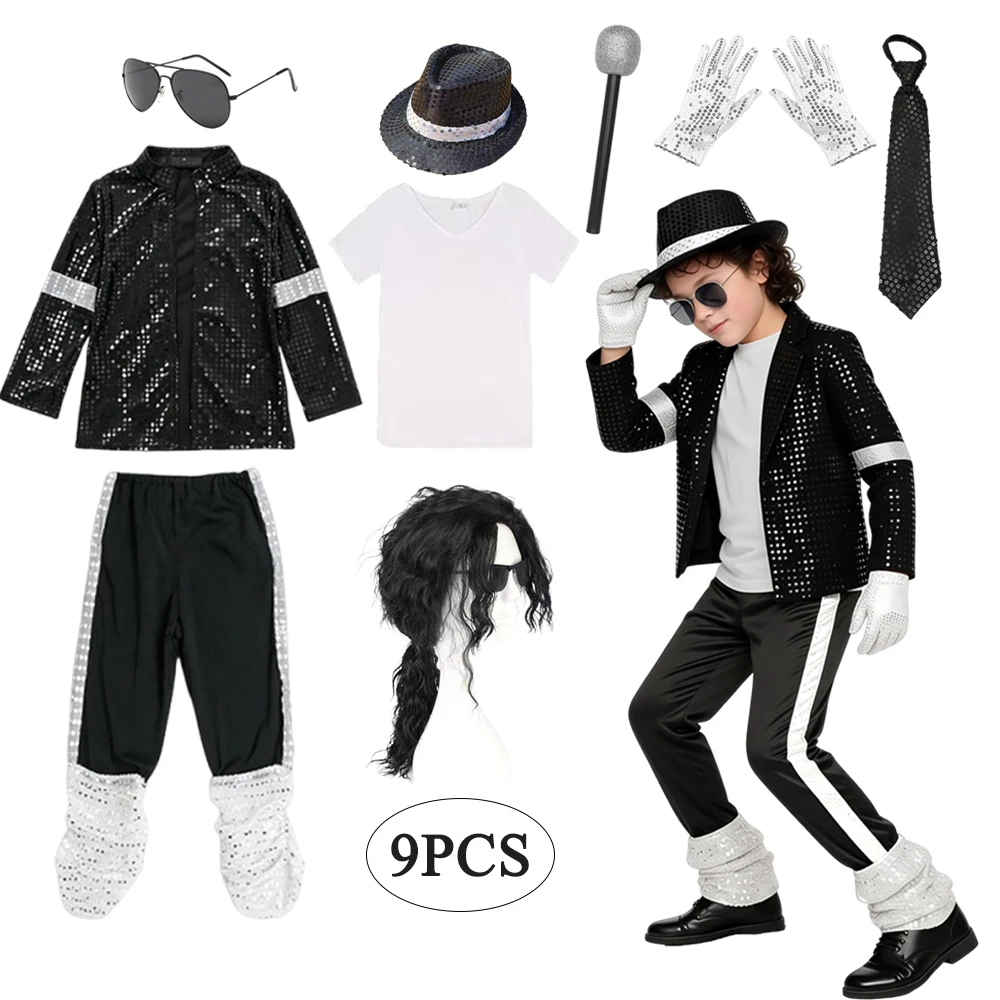 Boys Michael Pop Star Jackson Halloween Cosplay Costume Carnival Stage Performance Clothes Hip Hop Dance Outfit