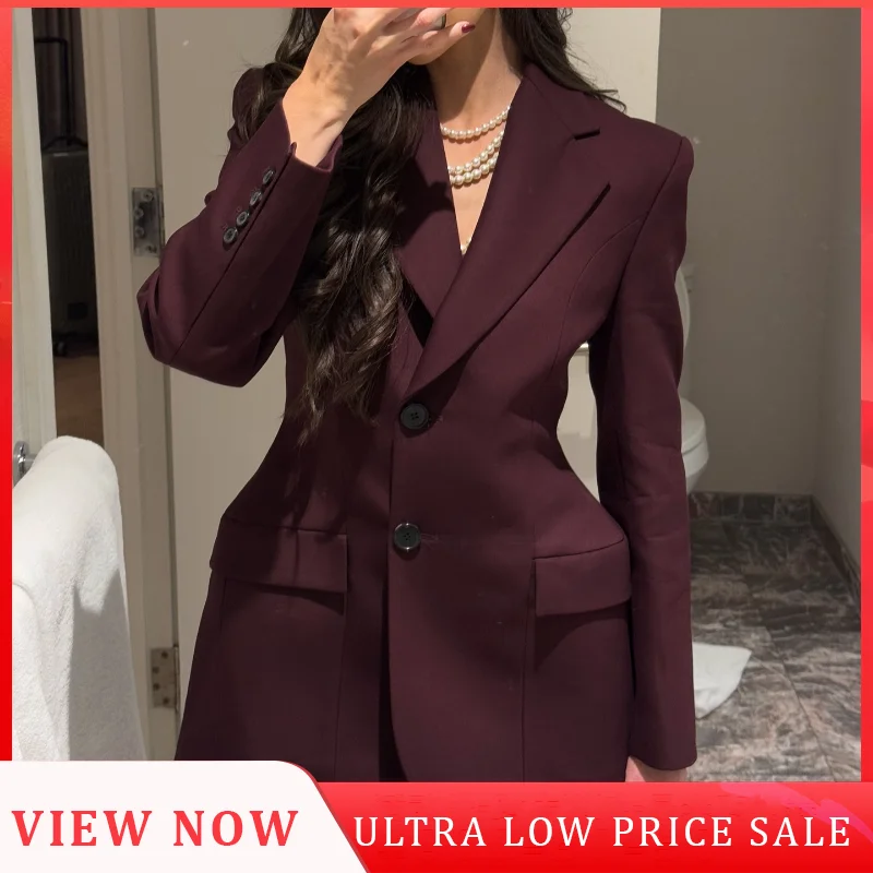 New Fashion Wine Red Slim Lapel Women's Suit Jackets Elegant Long Sleeve Pockets Single Breasted Blazer Coat Female Chic Outwear