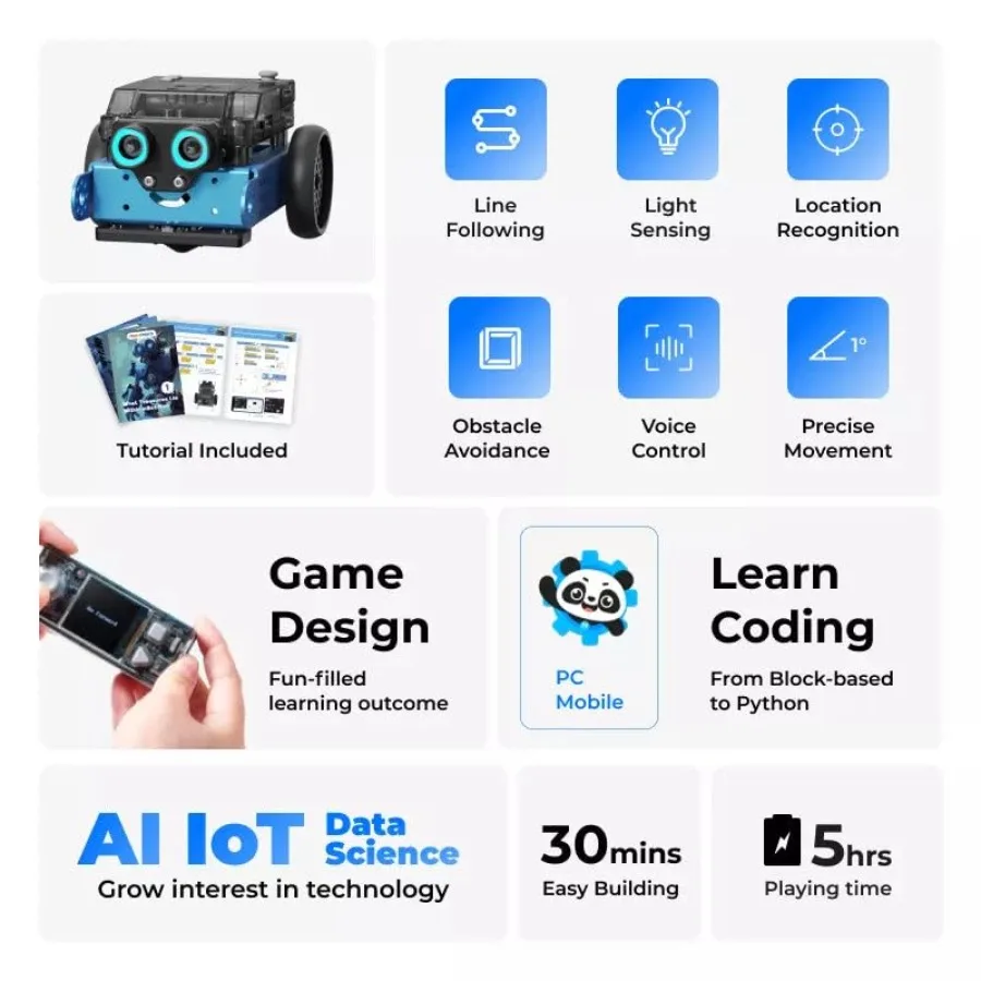 mBot2 Coding Robot for : STEM Robotics Kit for Ages 8-14 ABS Plastic Body Blue-Black Color Scratch Python Support Buildable Edu