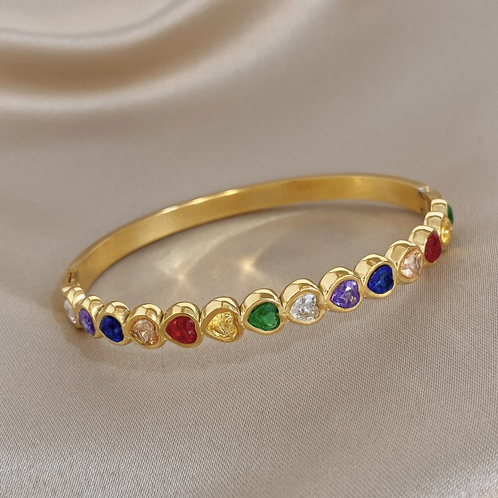 

Freetry Elegant Heart Colored Rhinestone Stainless Steel Bangle for Women Golden Waterproof Spring Bracelet Party Jewelry Gift