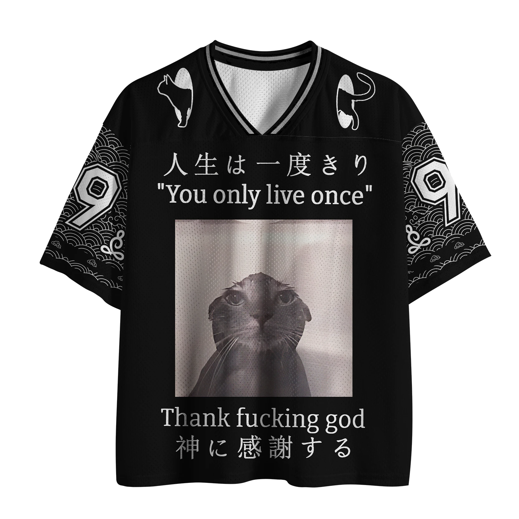 Y2K Japanese aesthetic cat print mesh jersey with black wave pattern, oversized V-neck adult and children's street T-shirt
