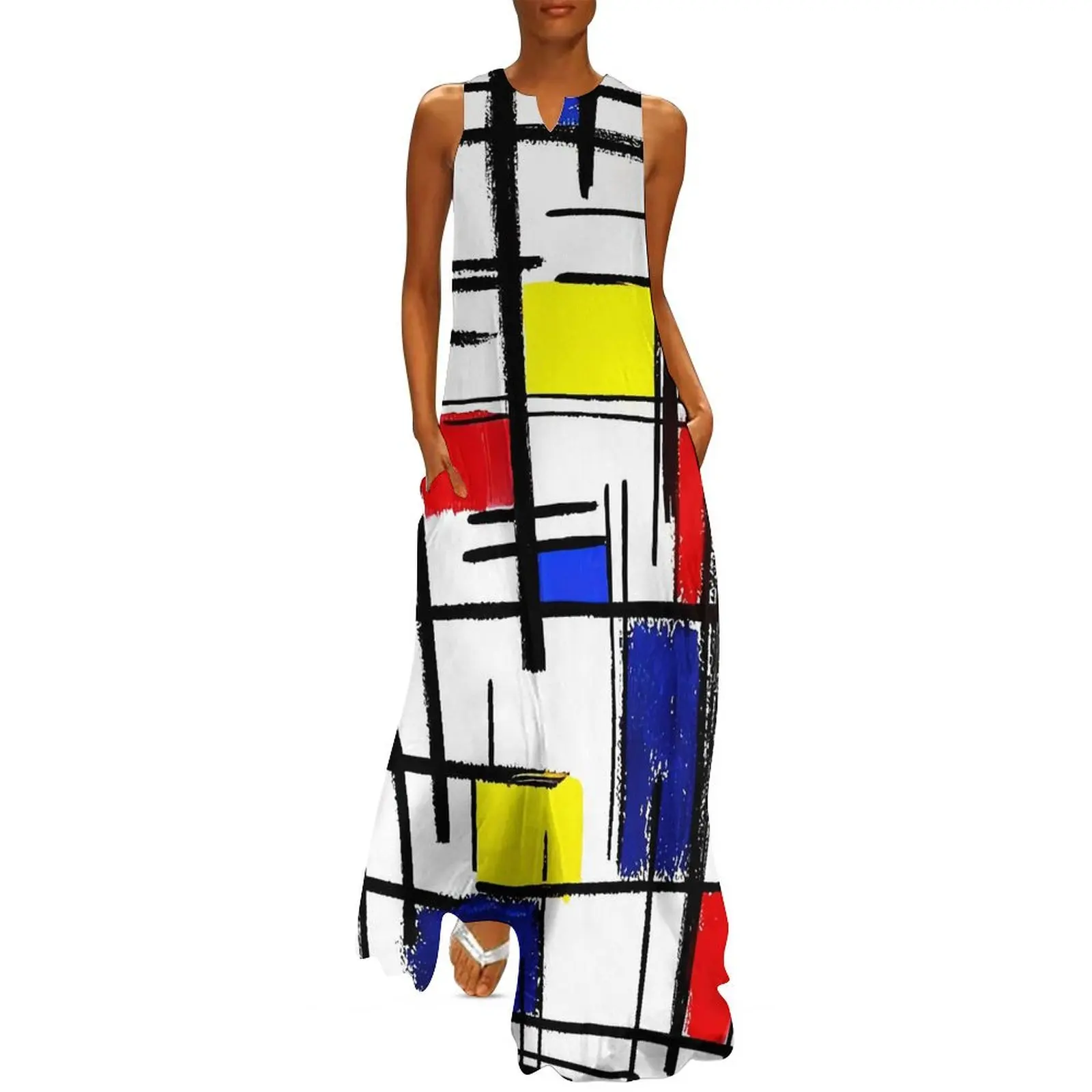 Mondrian Dress Summer De Stijl Modern Art Aesthetic Boho Beach Long Dresses Woman Custom Elegant Maxi Dress Large Size