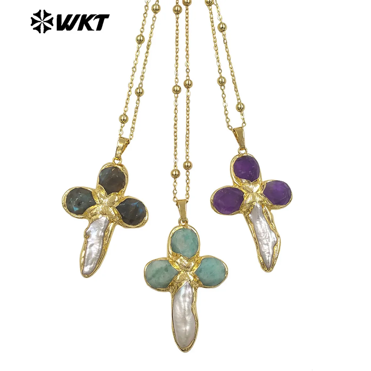 

WT-JN284 WKT Exclusive Natural Gemstone And Baroque Pearl Handmade Cross Shape Pendant Necklace With 18 Inch Gold Plated Chain