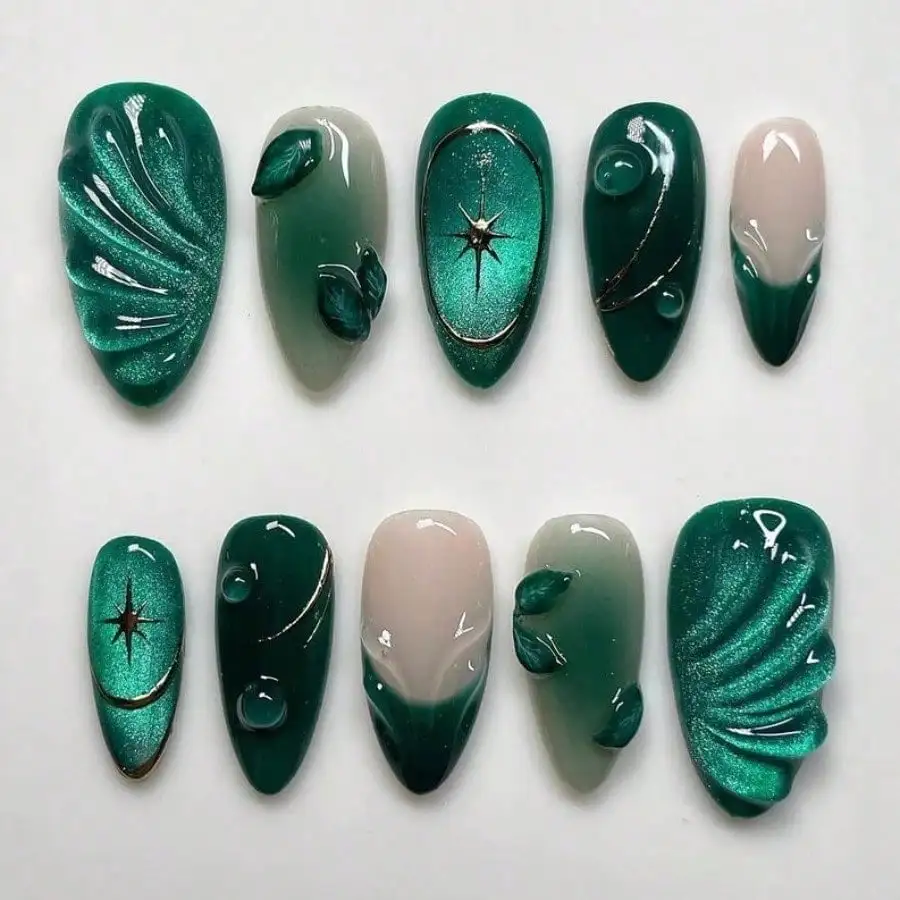 

24PCS Cool-Tone Green Press On Nails 3D Wavy French Cat-Eye On For Women Party