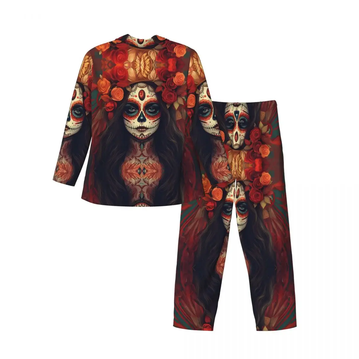 Flores cráneo mexicano Calavera pantalones de manga larga pijamas para hombres Otoño e Invierno ropa de casa conjuntos de ropa de dormir