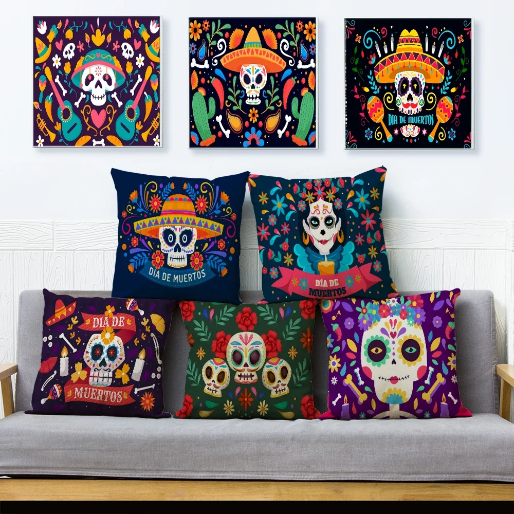 Day Of The Dead Pillowcase Decor Cartoon Mexico Flower Skull Print Cushion Cover for Sofa Home Polyester Pillow Case 45x45cm