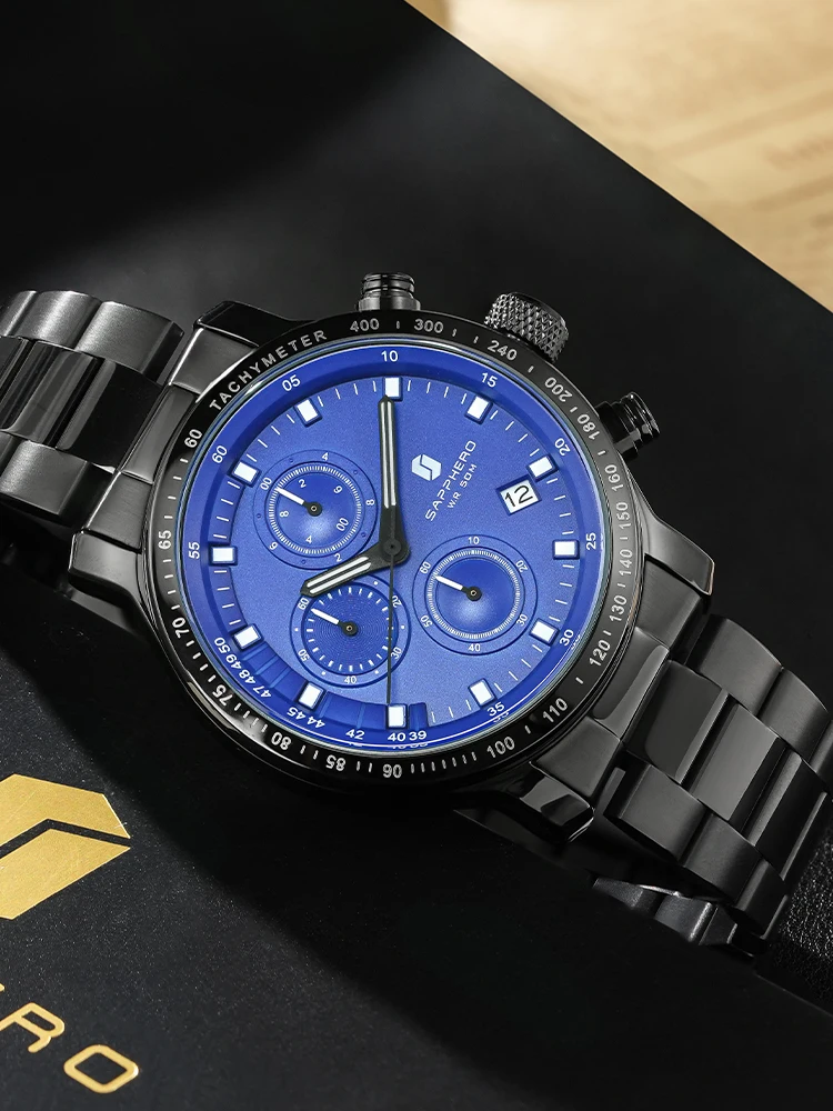 SAPPHERO Watch Men Luxury Fashion Chronograph Waterproof Luminous Date Stainless Steel Quartz Watch Man Clock Reloj