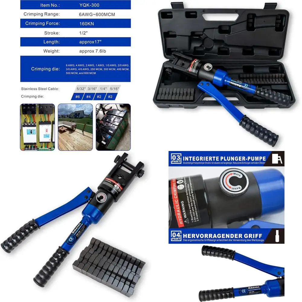 

Комплект гидравлического пресс-инструмента для опрессовки проводов на 16 тонн с подставкой и насадками для кабелей США, для клемм от 6 AWG до 600 MCM