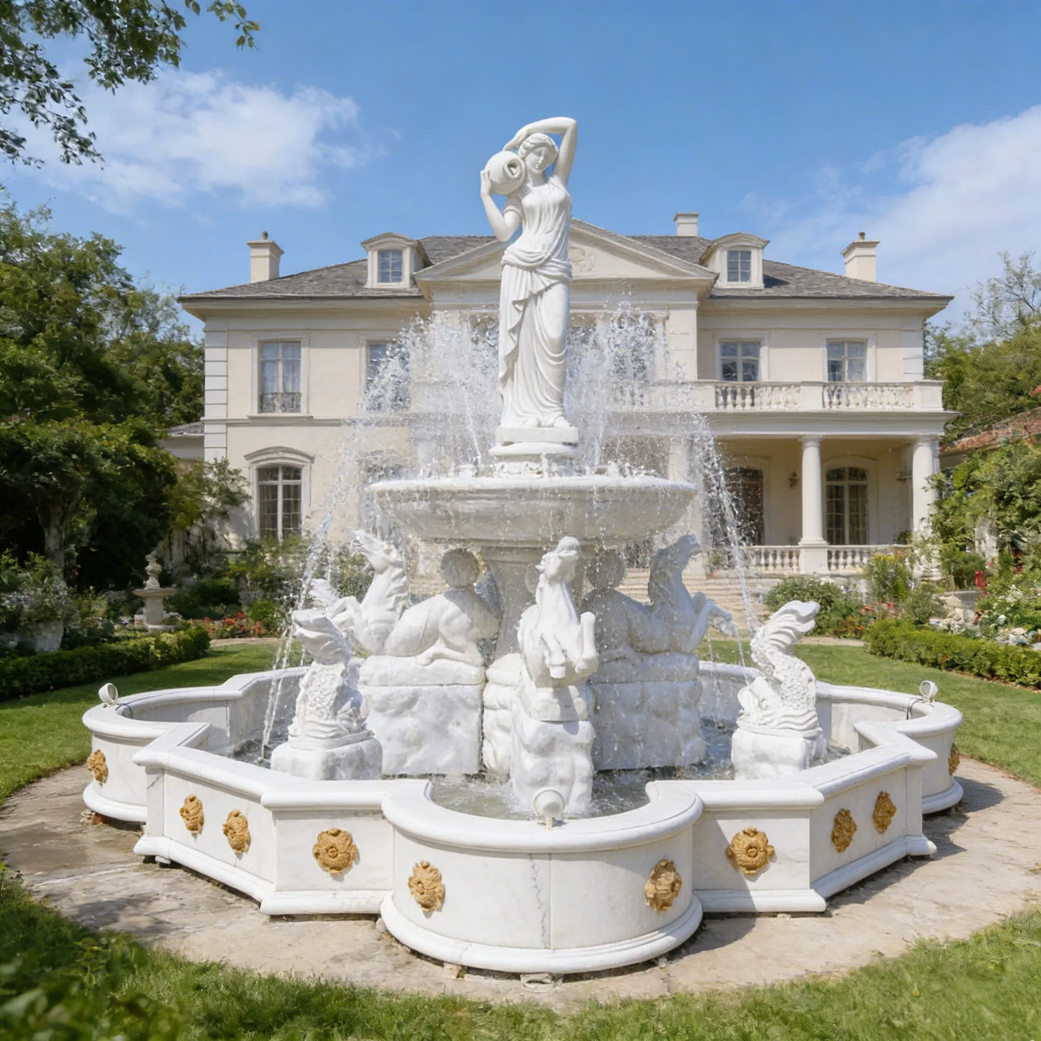 White Marble Horse Statue Water Fountain Outdoor for Garden with Lady Figure Statue