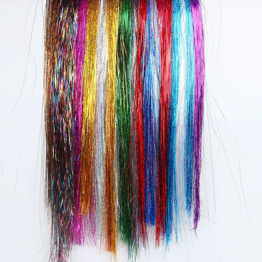 100 Strands Girls Synthetic Hair Streak Clubbing Hair Tinsel Hair Extension Glitter Rainbow  Color Bling Silk