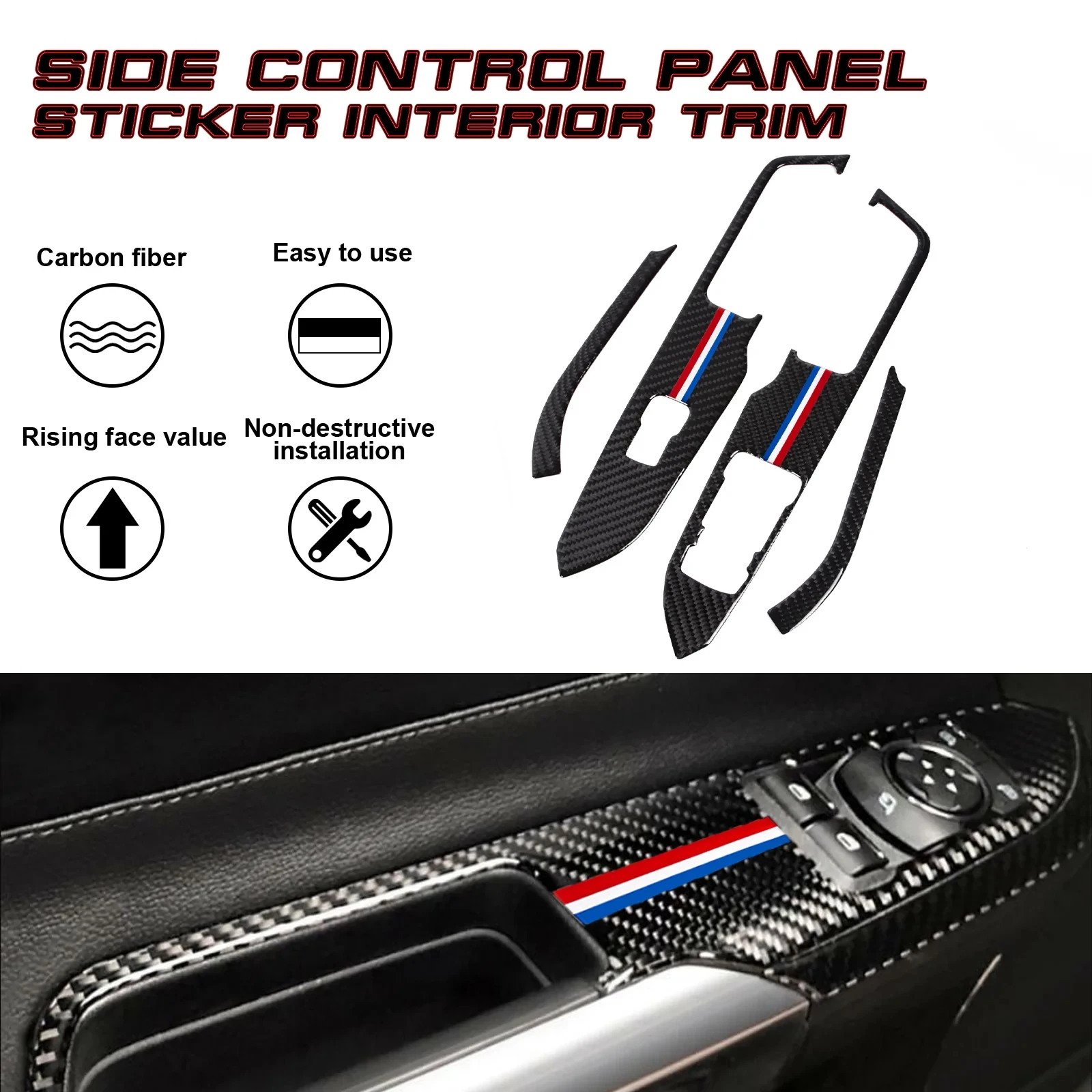 4x 3-Color Bar Carbon Fiber Window Switch Panel Button Cover Trim For Ford Mustang 2015 2016 2017 2018 2019 2020 2021 2022 2023