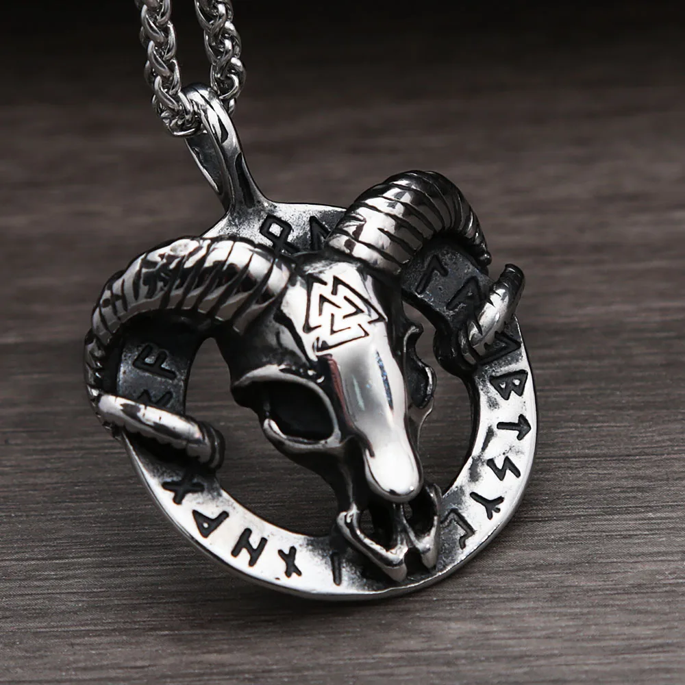 Vintage Gothic 316L stal nierdzewna głowa kozy wisiorek z czaszką Nordic Viking Rune naszyjnik dla mężczyzn moda Amulet biżuteria hurtowych