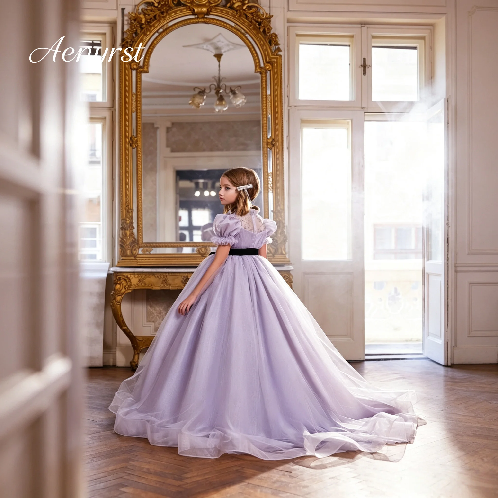 Elegant Lavender Floor‑Length Girls Pageant Formal Gown Puff Short Sleeves Beaded Mesh High Collar Black Bow Sash Party Dress