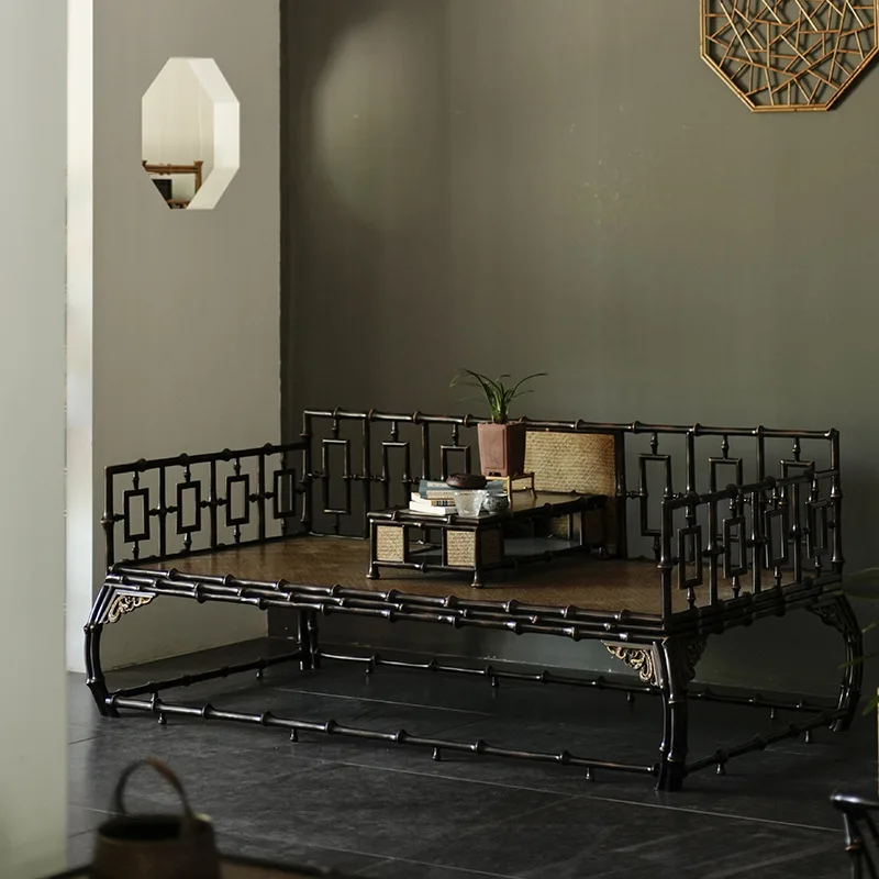 Ming-style bamboo Arhat bed, antique combination double zen chair Chinese meditation chair, classical bamboo couch kang table