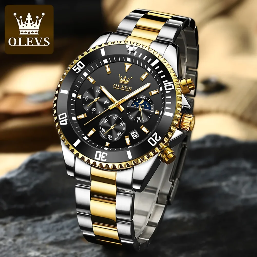 OLEVS 2870 Multifunctional Three-eye Stainless Steel Strap Men Wristwatches Fashion Waterproof Quartz Watches for Men Luminous