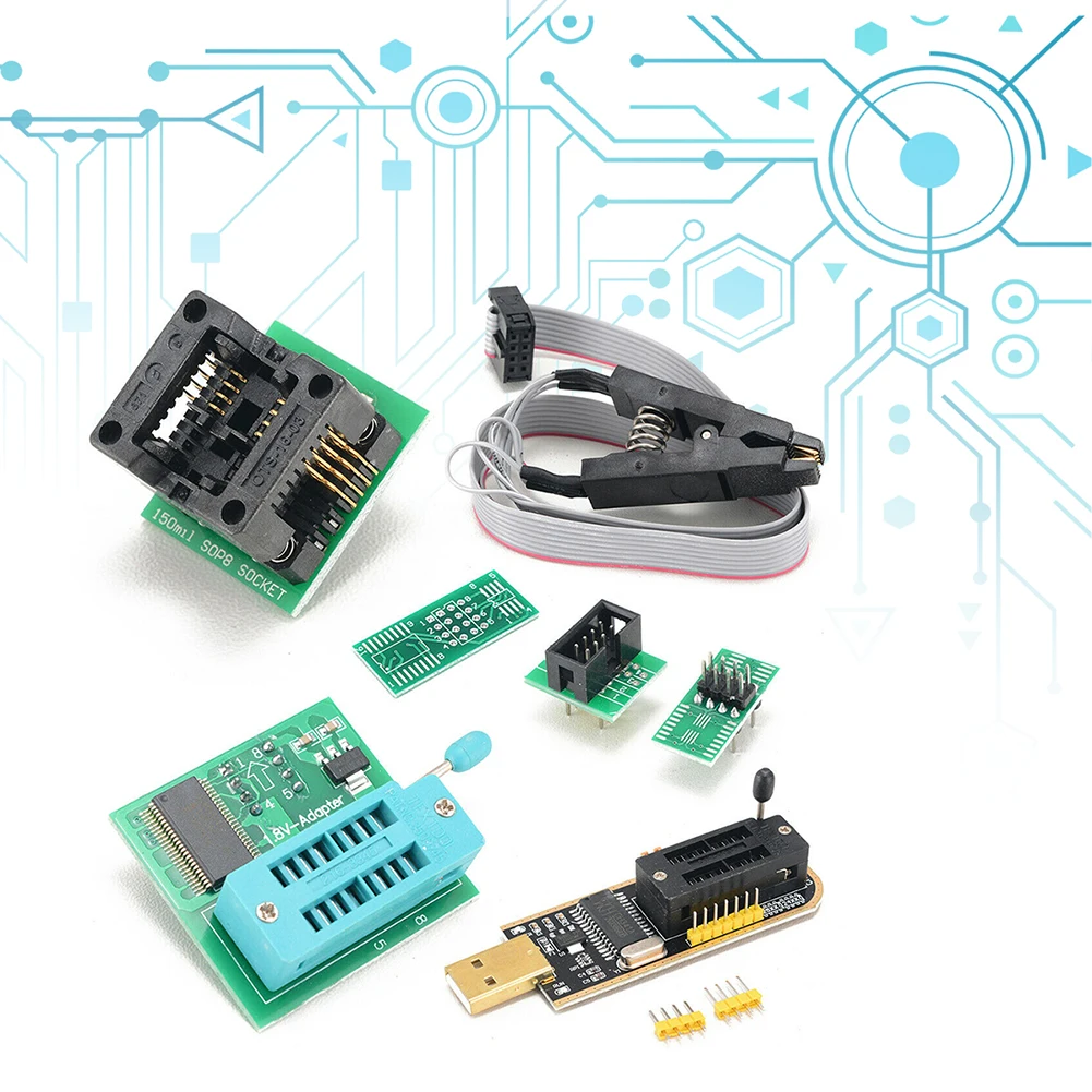 CH341A Programmer Complete Kit 24 25 Series SOIC8 SOP8 Test Clip Online Programming IC Test Clips for EEPROM BIOS/SOP8/SOP16