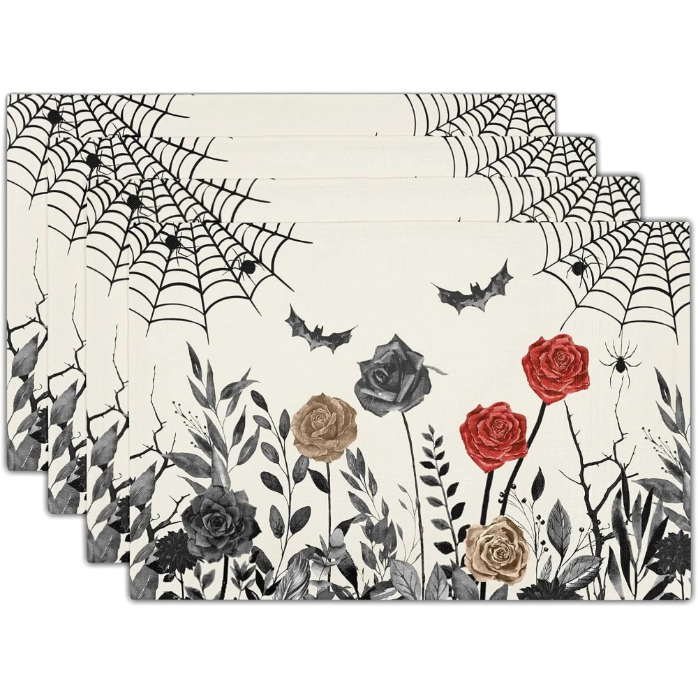 

Halloween Placemats Set of 4 12x18 Inch Black Floral Bat Spider Web Washable Non-Slip Heat Resistant Place Mats for Party
