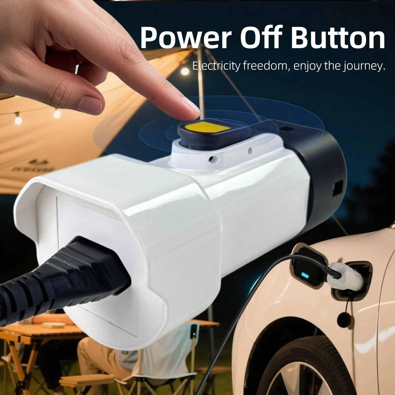 مفرغ EVqiaoyi Type2 V2L مع زر إيقاف التشغيل 16A MG BYD قابس السيارة إلى التحميل لمركبات الطاقة البرازيلية الجديدة