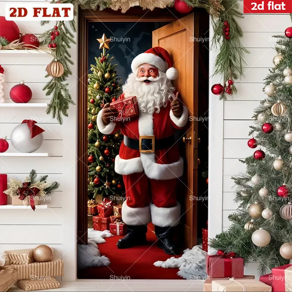 1Pc Santa Claus 2D Door Banner Merry Christmas Party Decor for Indoor Outdoor Front Door Home Wall New Year Eve Backdrop Curtain view 5