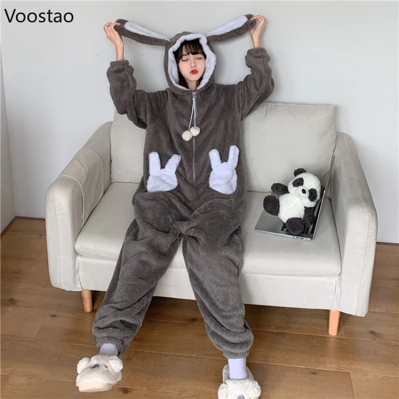 Sweet Bunny Hooded Onesies Women Pajamas Cute Pijama Winter Warm Sleepwear Kawaii Female Nightwear Pyjamas Jumpsuit Homewear